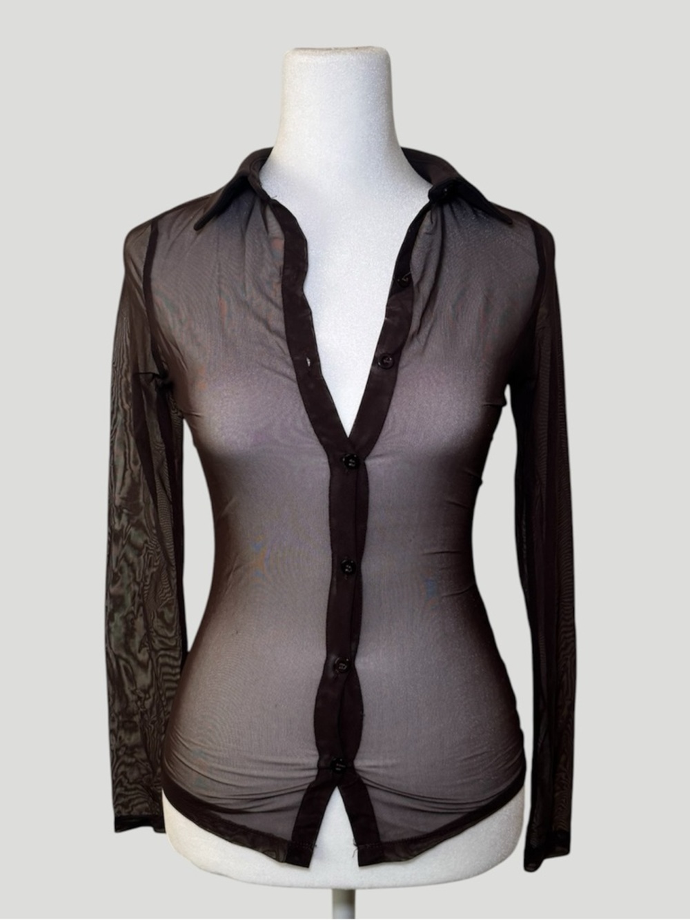 Brown Sheer Mesh Button Up Long Sleeve Top
